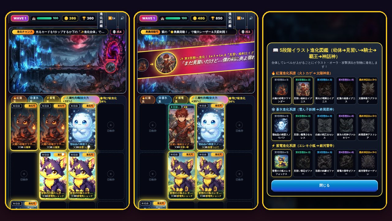 ALCHEMERGE: RAGNAROK の画面。左は魔物が迫る戦場と召喚した英霊、中央は合体で見習い剣士に進化するカットイン、右は進化図鑑