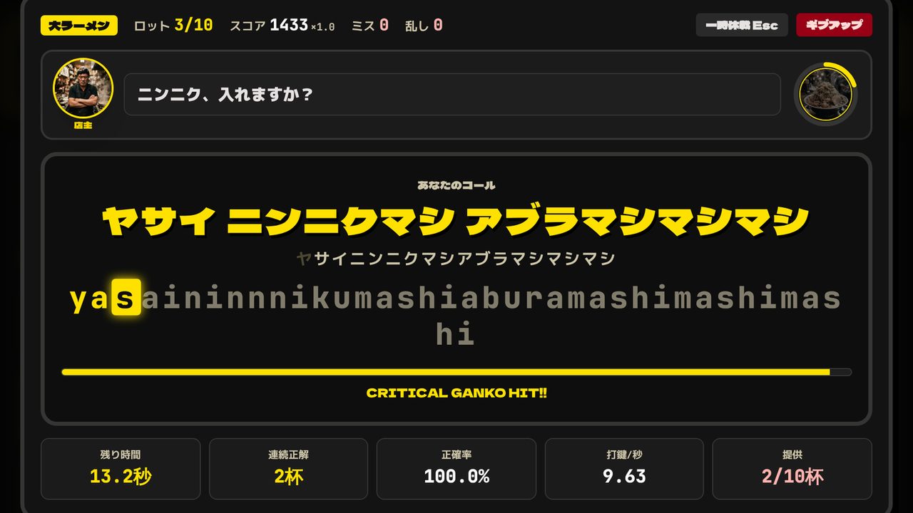 マシマシ打のプレイ画面。コール『ヤサイ ニンニクマシ アブラマシマシマシ』をローマ字で打っている