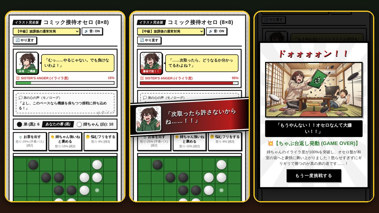 コミック接待オセロの画面。左は序盤の姉ちゃんとオセロ盤、中央はイライラ度95%でカットインが入る場面、右はちゃぶ台返しの結末